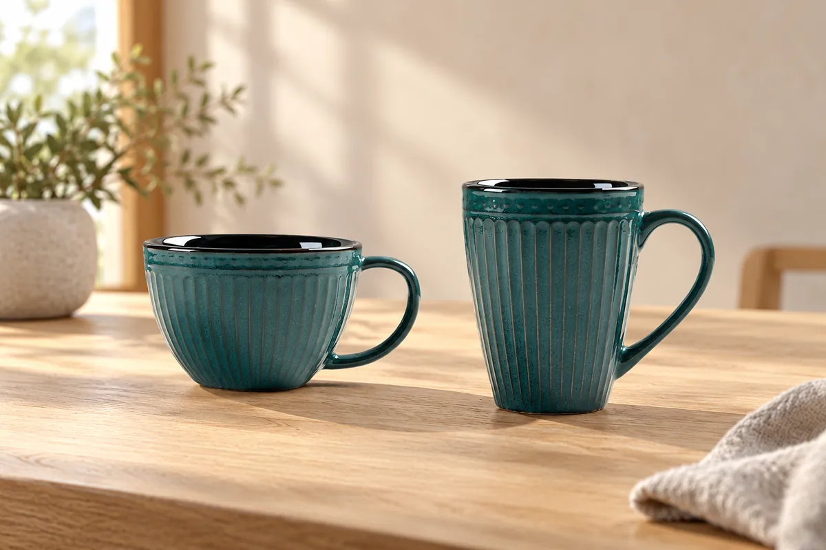 Fluted emerald mugs — AI styled scene