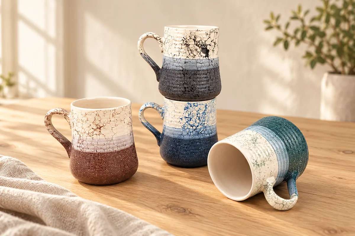 Speckled dip-glaze mugs — AI styled scene
