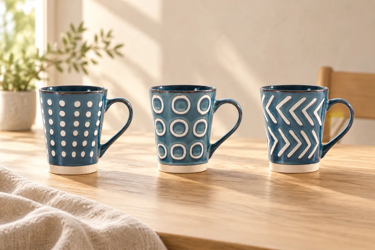 Blue graphic mugs — AI styled scene