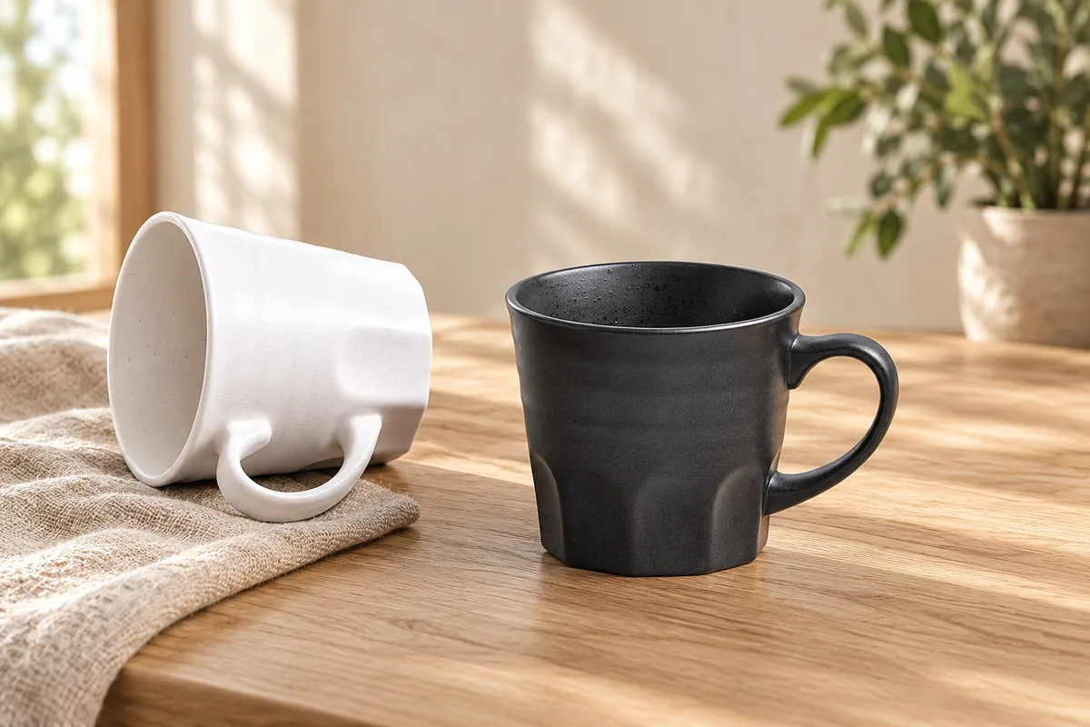 Bistro monochrome mugs — AI styled scene