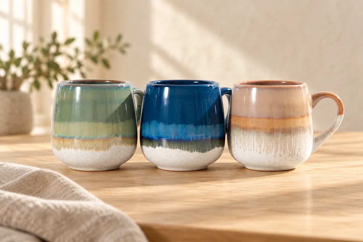 Horizon glaze mugs — AI styled scene