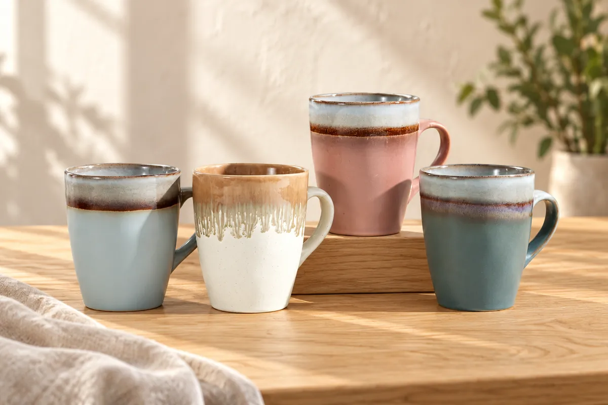 Layered earth mugs — AI styled scene