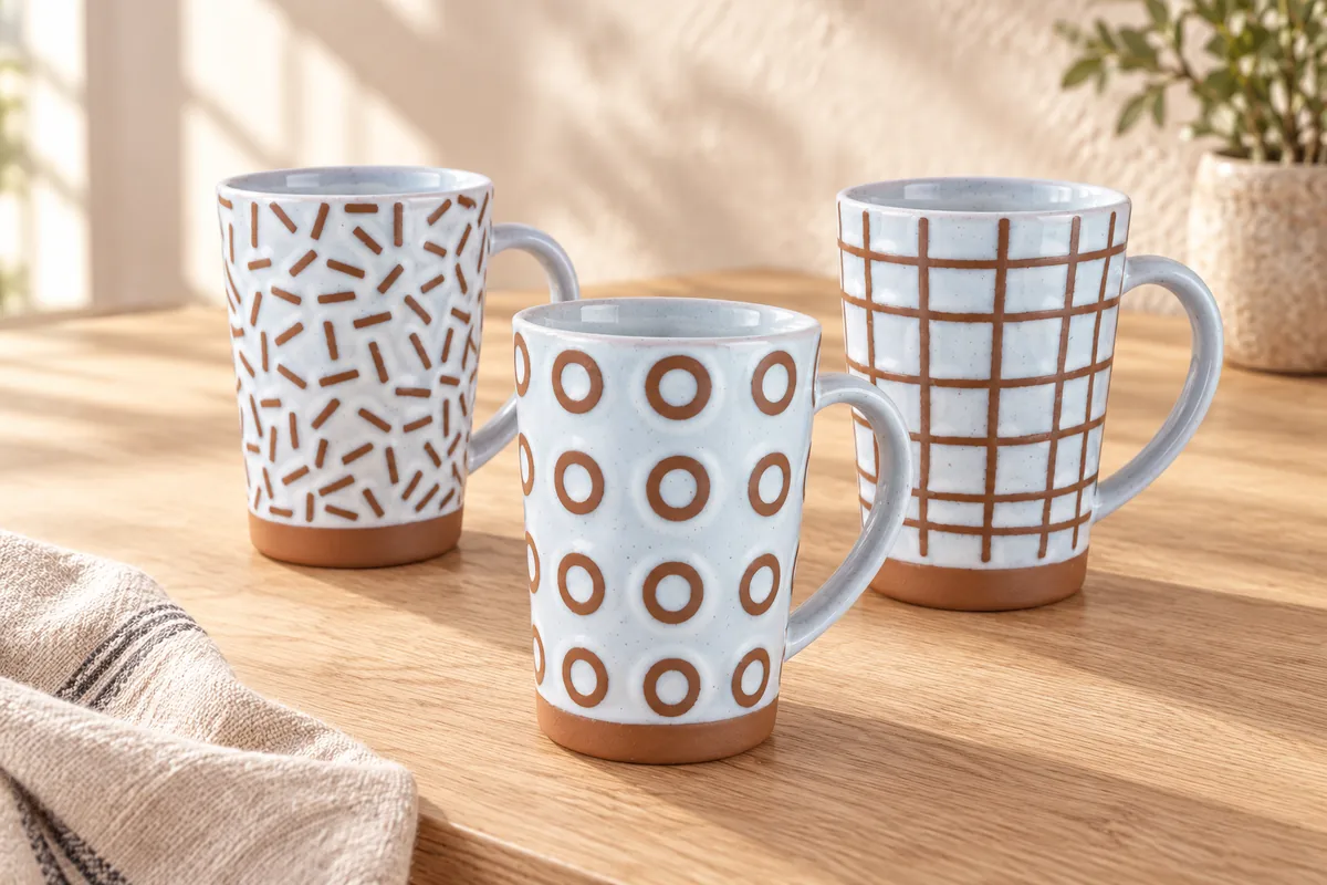 Checks & linework mugs — AI styled scene