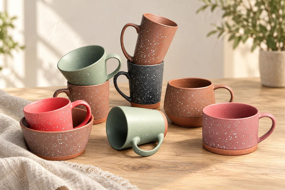 Terra speckle mugs — AI styled scene