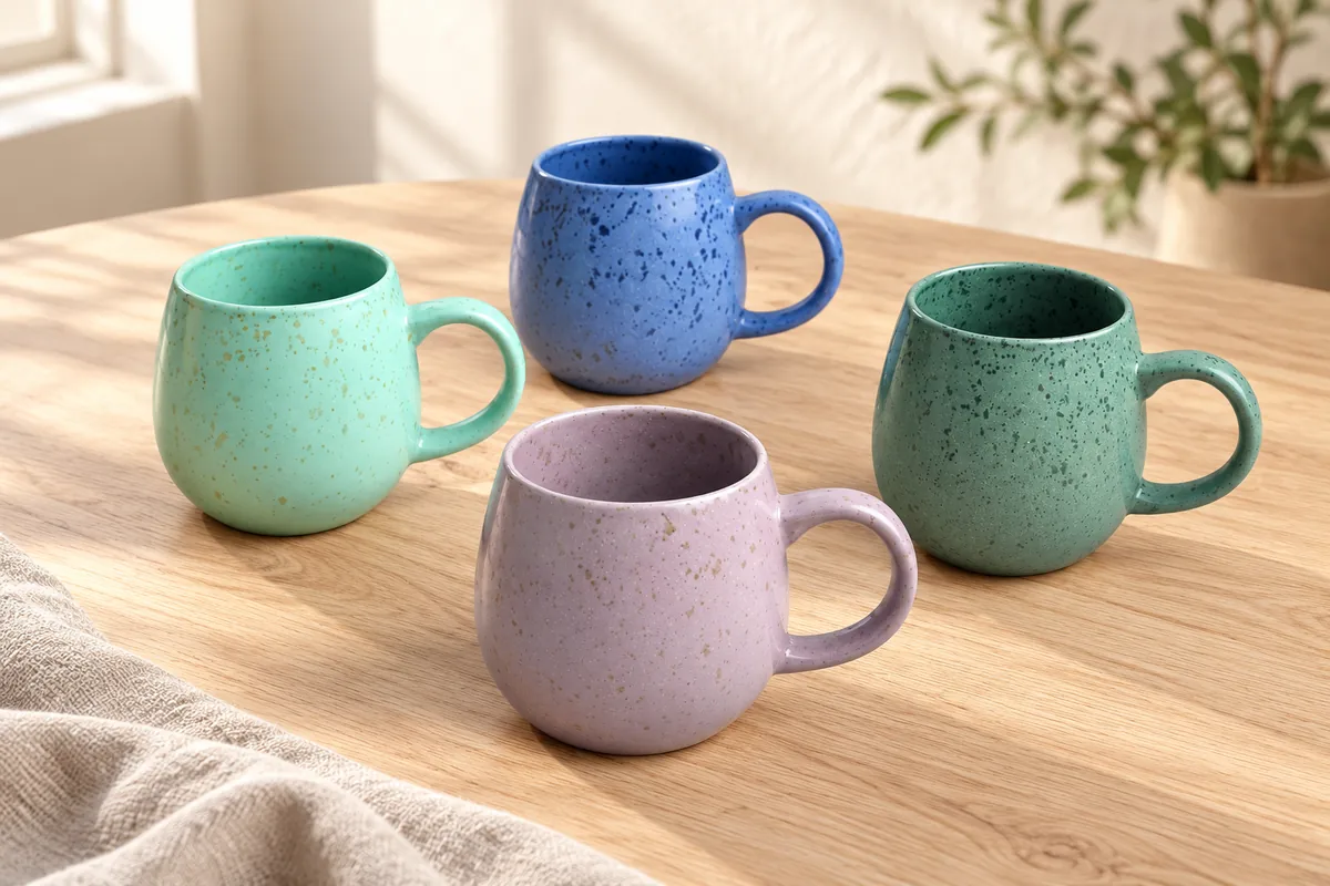 Pastel speckle mugs — AI styled scene