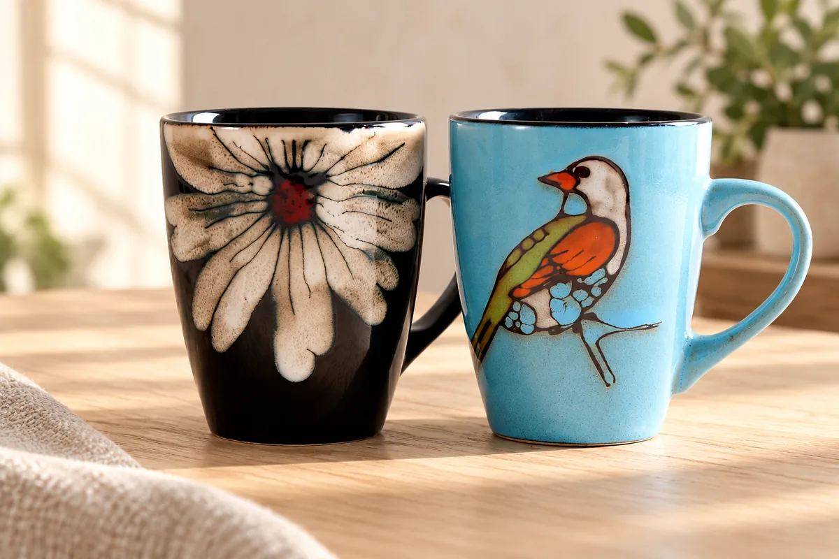 Botanical & bird mugs — AI styled scene
