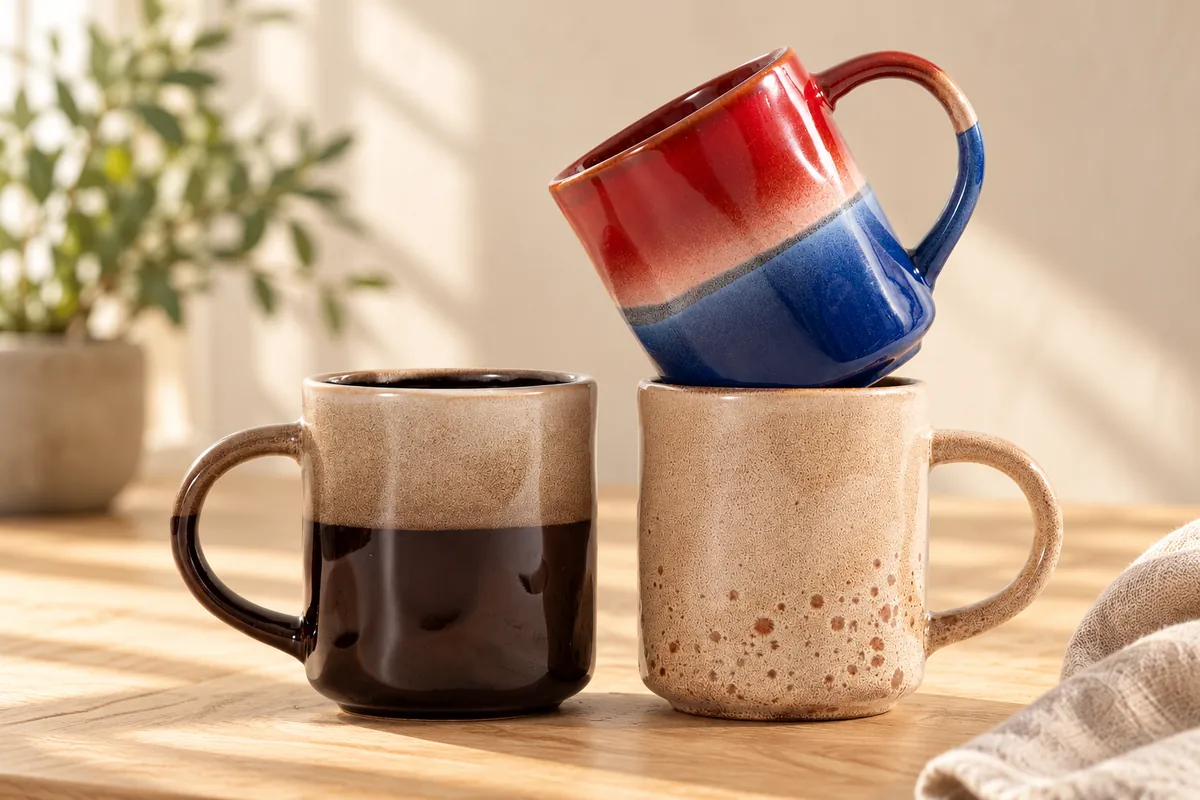 Earth tone café mugs — AI styled scene
