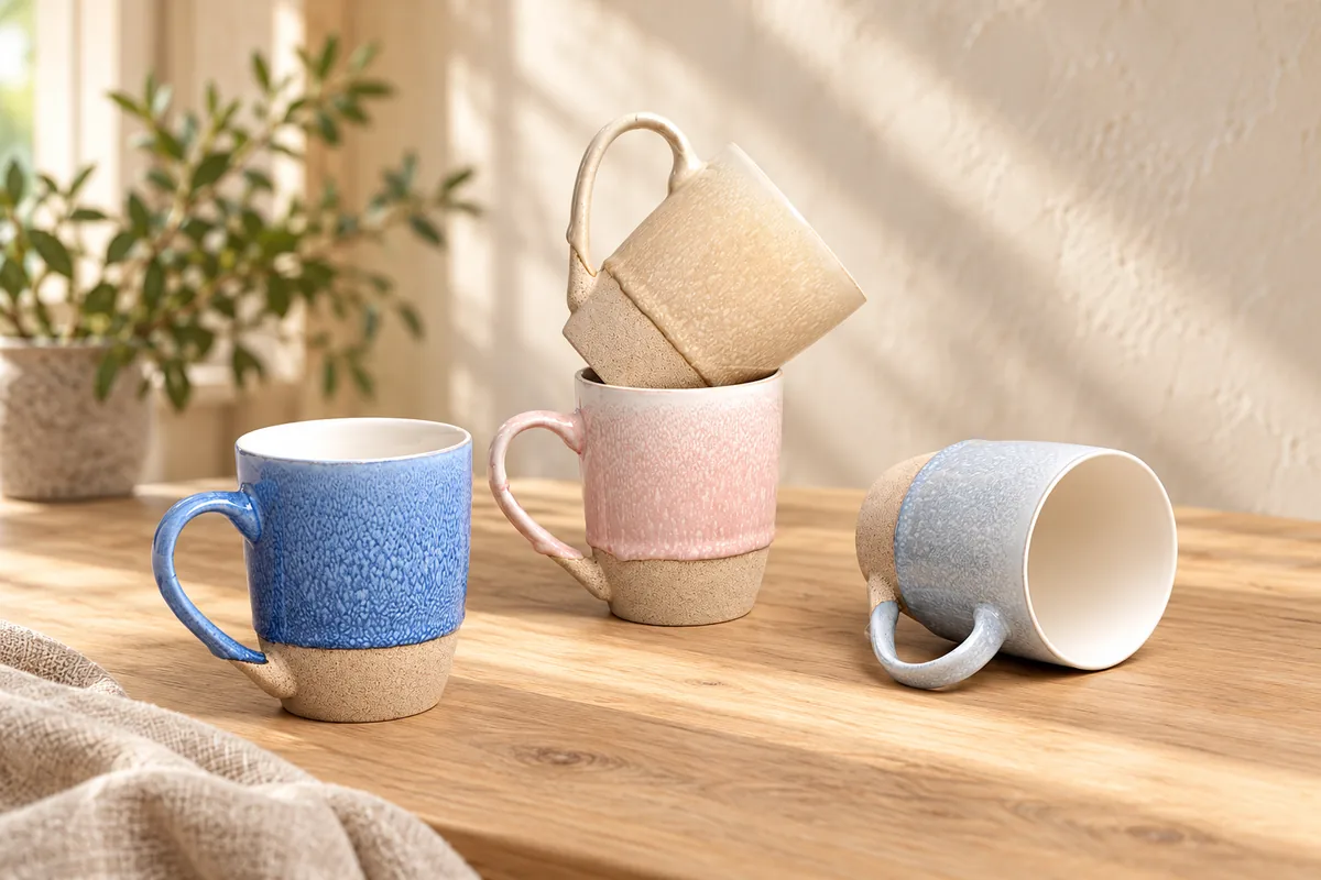 Pastel base mugs — AI styled scene