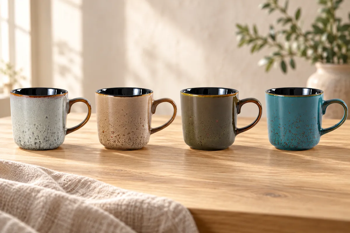 Natural speckle mugs — AI styled scene