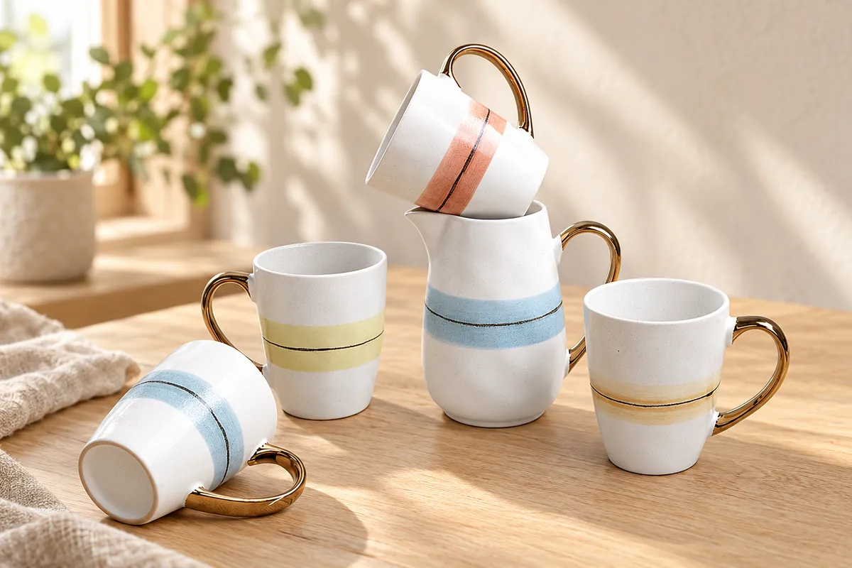 Soft stripe drinkware — AI styled scene