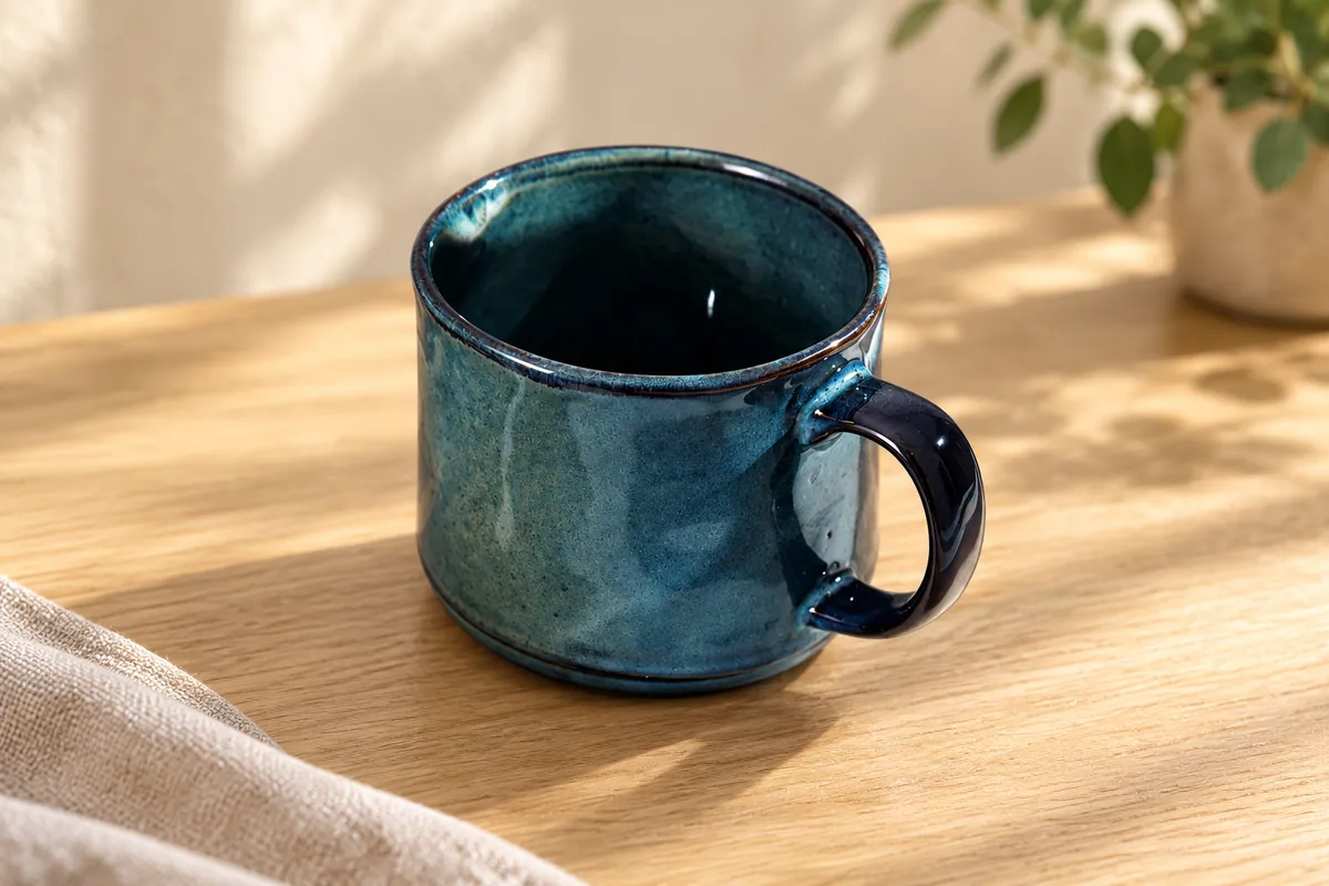 Ink blue glaze mugs — AI styled scene