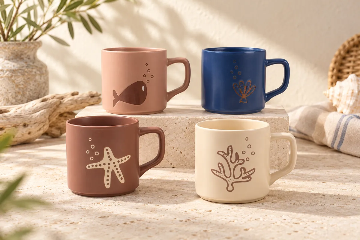 Marine motif mugs — AI styled scene