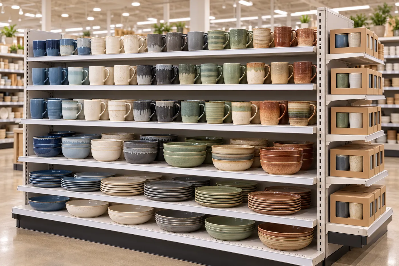 AI-generated unbranded supermarket ceramic shelf display concept