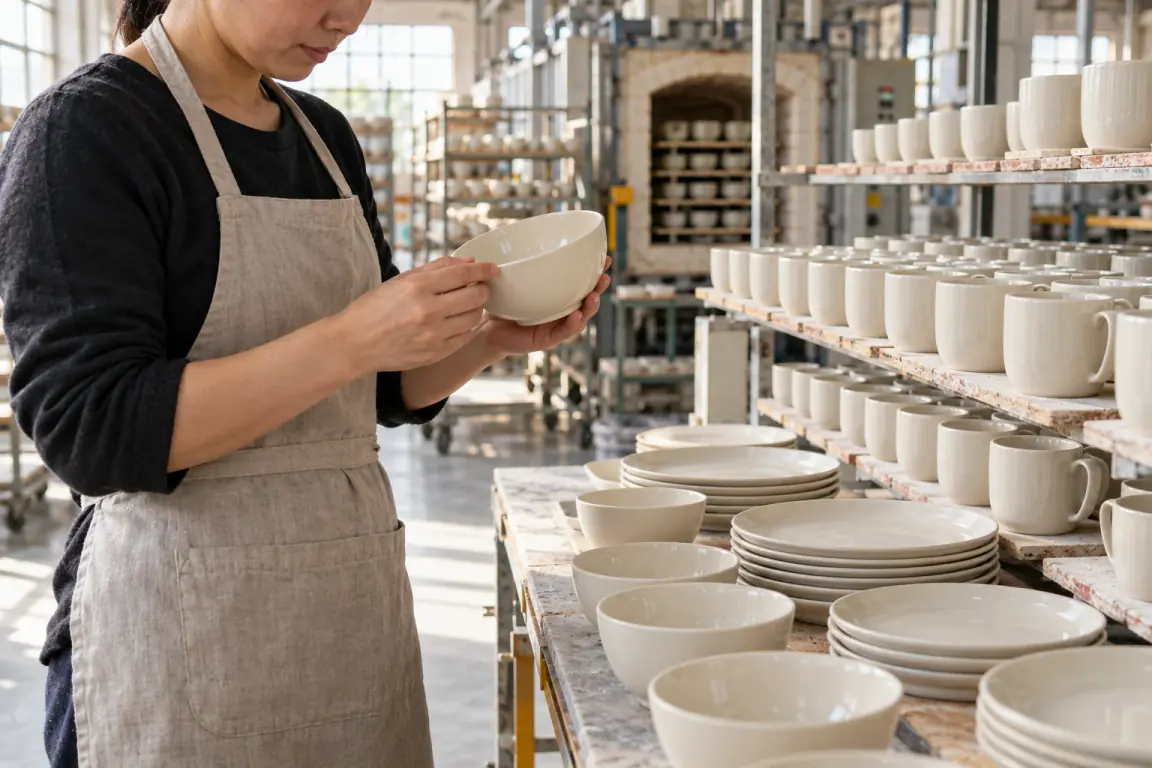 Illustrative ceramic bowl inspection at a workshop table