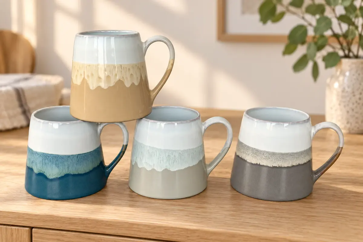 Drift glaze mugs — AI styled scene