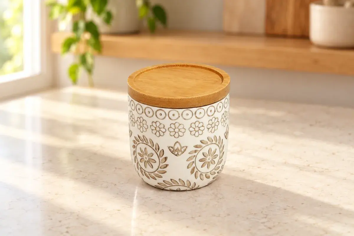 Floral lidded canister — AI styled scene