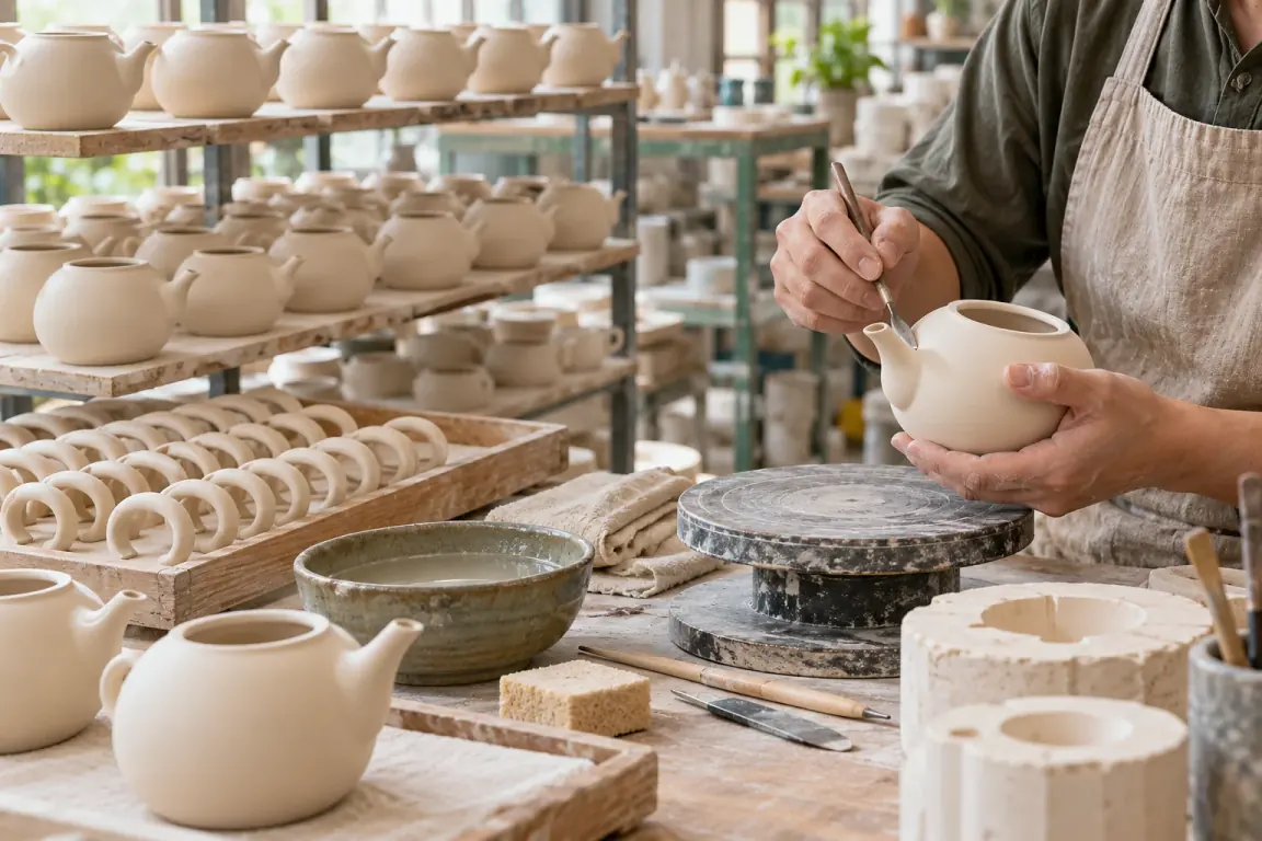 Illustrative teapot forming and finishing process in a ceramic workshop
