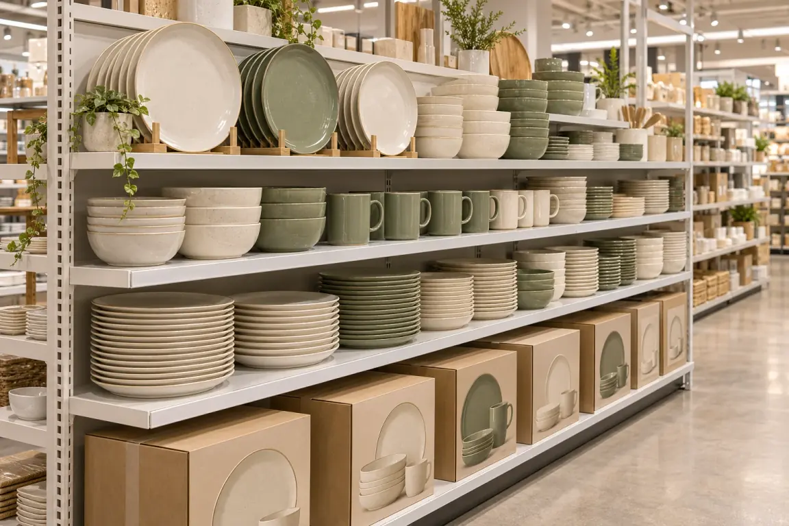 Illustrative dinnerware assortment on a generic American supermarket shelf